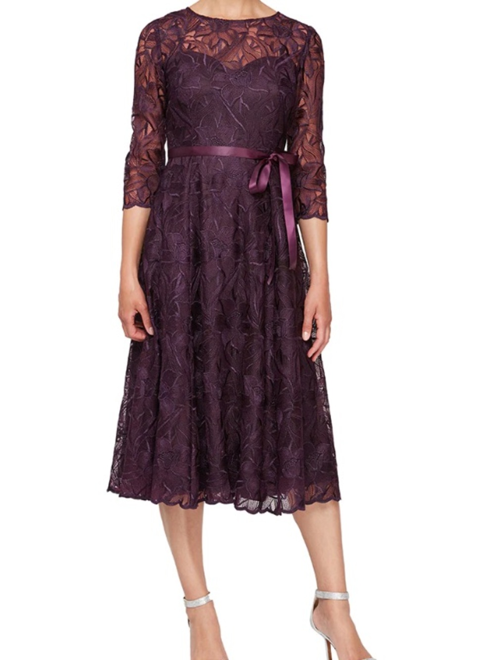 NWT Alex Evenings Purple Lace Embroidered Illusion Neckline Midi Cocktail Dress
